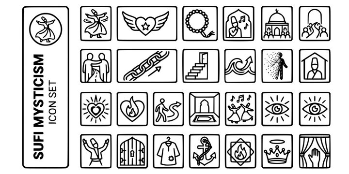 Sufi Islamic Mysticism Bold Line Icons-Dervish Dhikr Sama Murshid Silsila Maqam Fana Baqa Noor Ishq Tariqah Zawiya Kashf-25 Sufi Mysticism Icon Set Vector