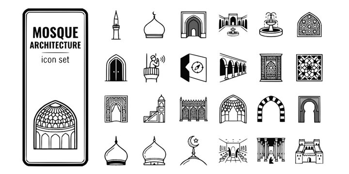 Mosque Islamic Architecture Bold Line Icons-Minaret Dome Iwan Sahn Mihrab Minbar Mashrabiya Muqarnas Riwaq Qibla Ottoman Mughal-25 Mosque Architecture Icon Set Vector