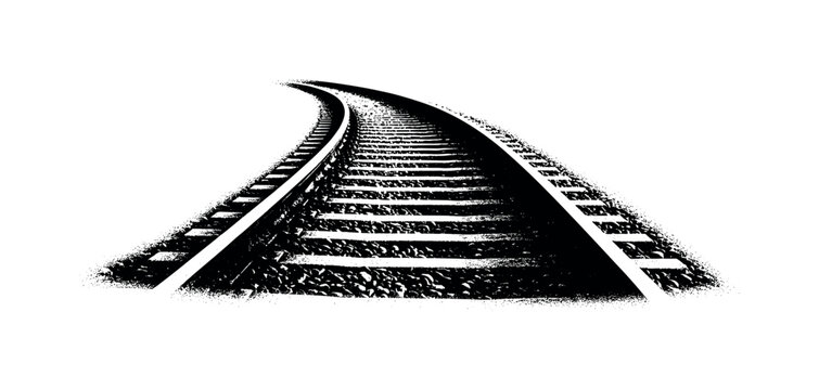 A slightly curved track section with dense halftone shadows suggesting age and wear, black and white illustration, editorial print aesthetic, high contrast,