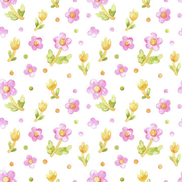 Seamless pastel floral pattern. Hand drawn watercolor flowers and leaves. Cute spring design for fabric, wallpaper, and wrapping. Soft texture, delicate colors.
