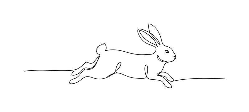 Nature Motion. Minimalistic one-line drawing a rabbit leaping lightly with smooth flowing contours, continuous single black line on white background, simple