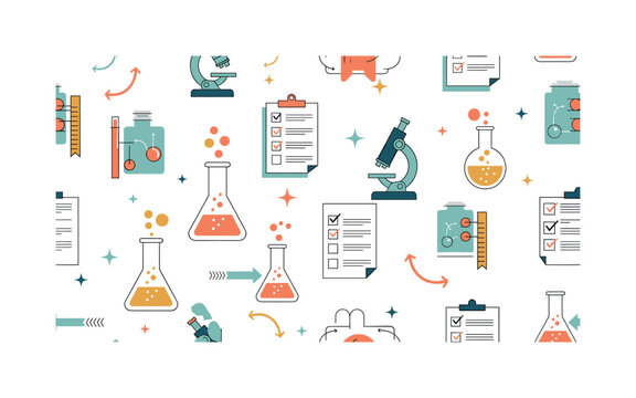 scientific method seamless pattern, repeating pattern, surface design, textile print, soft color palette, modern illustration, no shadows, flat lighting,