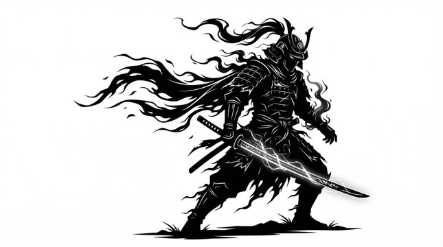 Fearsome Samurai Warrior in Action Stance with Sword and Armor