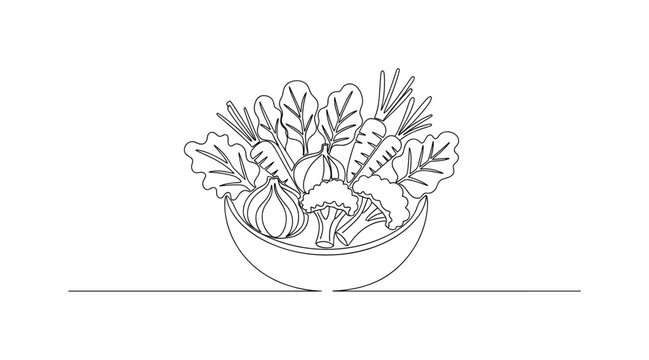 Healthy Food with Vegetables. Minimalistic one-line drawing bowl filled with assorted vegetables like carrot, broccoli and leafy greens, continuous single