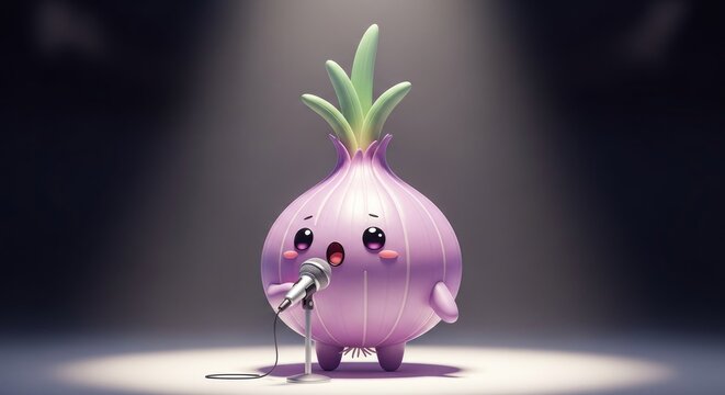 Onion character sings on stage spotlight.