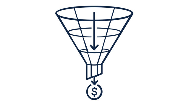 Professional marketing sales funnel vector icon illustration depicting lead conversion strategy, customer journey stages, and revenue generation with a dollar sign symbol for business growth concepts.