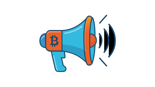 Vector illustration of a blue and orange megaphone featuring a Bitcoin symbol, ideal for cryptocurrency marketing, digital currency promotion, blockchain news, and brand awareness icon.