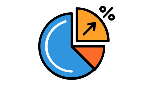 Vector icon illustration of a colorful pie chart with a separated segment, upward arrow, and percent sign, representing marketing strategy, business growth, data analytics, and financial gain.