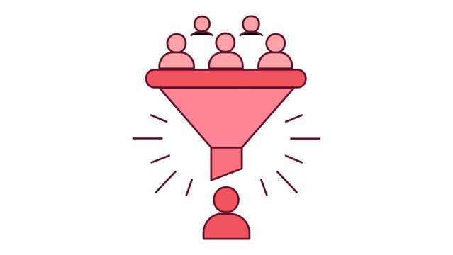 Marketing strategy vector illustration featuring a pink sales funnel icon for lead generation, market research, and customer segmentation. Multiple people icons entering to find a target.