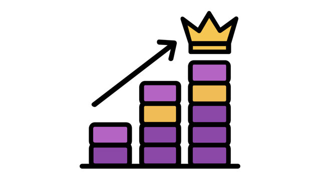 Vector illustration of a business growth bar chart with an upward arrow and a golden crown on the highest peak, representing marketing strategy success, leadership, and financial achievement icon.