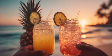 Obraz premium Two hands toast with tropical cocktails in mason jars on a beach at sunset with pineapple and palm trees in the background