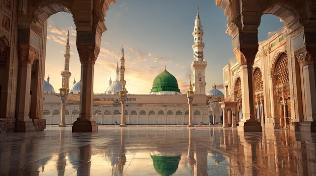 Nabawi mosque in Al Madinah, Saudi Arabia, shows a green dome and arches with Moorish designs.