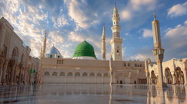 Nabawi mosque in Al Madinah, Saudi Arabia, shows a green dome and arches with Moorish designs.