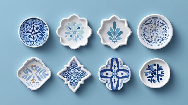 Ceramic dishes with intricate blue patterns on a light blue background.