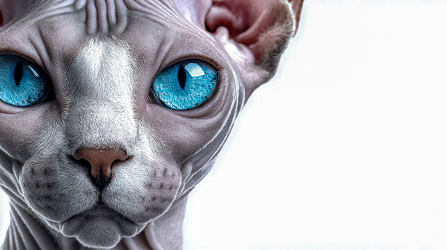 Intense gaze of a hairless sphynx cat with striking blue eyes captured in detailed close-up against a clean white background