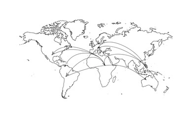 Obraz premium International Flight Paths. Minimalistic one-line drawing world map silhouette with arched airline routes crossing oceans, continuous single black line on