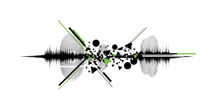 distorted vintage sound waves with geometric disruption, monochrome wave arcs broken by triangles and circular fragments, glitch lines intersecting