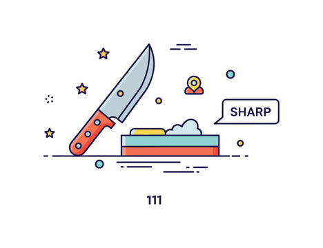 Tool sharpening badge with a blade, stone, and subtle ?Sharp? label conveying readiness, maintenance, and precision. Minimalist flat vector illustration,