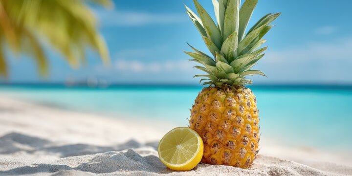 Pineapple and lemon on white sand beach with turquoise sea and blue sky in the background