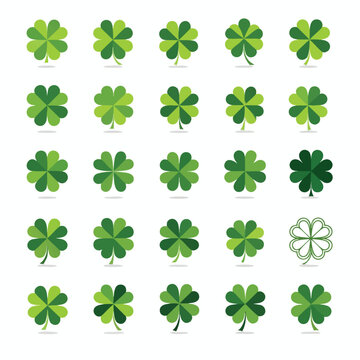 Collection of stylized green four-leaf clovers with shadows