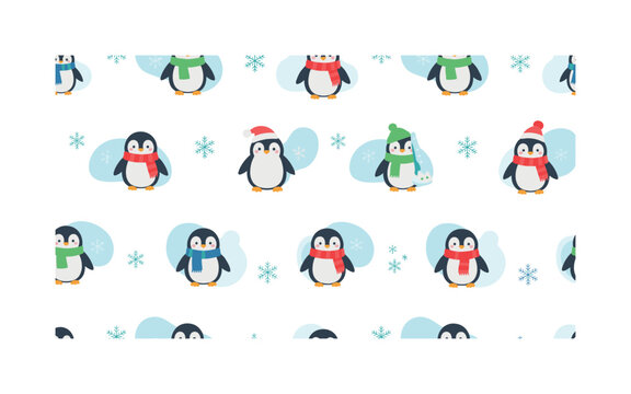 tiny penguin snowflake icons seamless pattern, repeating pattern, surface design, textile print, soft color palette, modern illustration, flat vector miniature