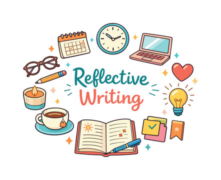Reflective Writing. Hand drawn illustration of Reflective Writing. journal notebook, pen, tea cup, candle,