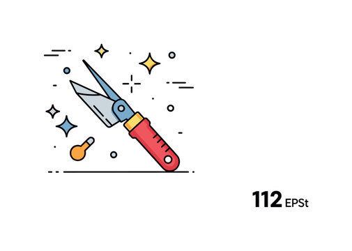 Garden equipment care scene showing a clean sharpened tool with sparkle accents and minimal elements expressing reliability and proper upkeep. Minimalist flat