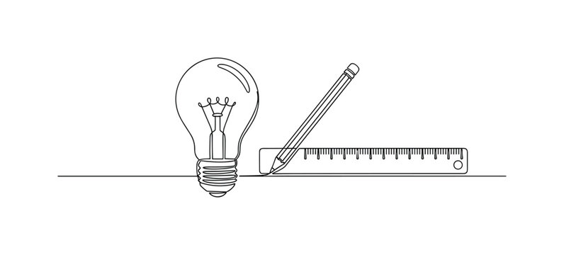 Product Development Idea. Minimalistic one-line drawing light bulb beside ruler and pencil in clean composition, continuous single black line on
