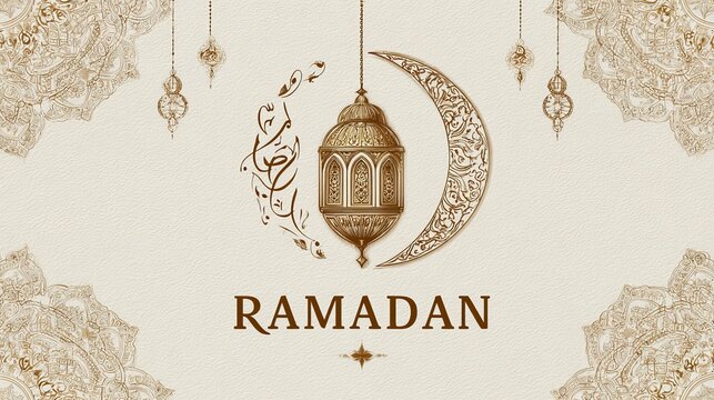 Islamic art shows a Ramadan greeting card. It features a stylish cartoon of a lantern, crescent moon, and Arabic script saying "Ramadan."