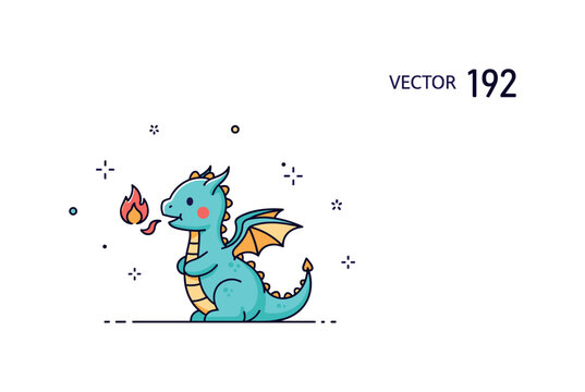 Little playful dragon tiny dragon exhaling a small flame with gentle decorative sparkles around for a whimsical fantasy illustration. Minimalist flat vector