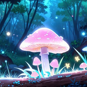 Anime Dreamlike Pink Mushroom Forest Close Up With Gentle Light and Fantasy Detail