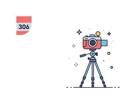 Camera setup for filming showing a tripod mounted camera with small adjustment knobs and simple ground shadow expressing precision and stability. Minimalist