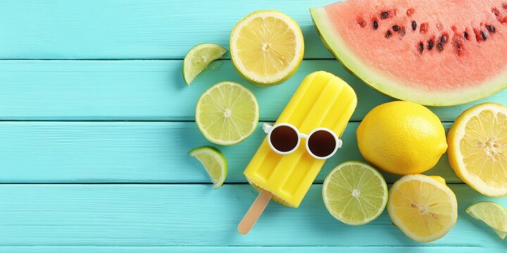 Yellow popsicle with sunglasses and fresh citrus fruits and watermelon on turquoise wooden background