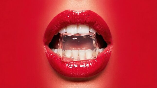 Close up of open mouth with red lipstick biting a clear jelly cube. Bold surreal pop aesthetic with vibrant dopamine colors. Ideal for beauty, fashion, or sensory food advertising.