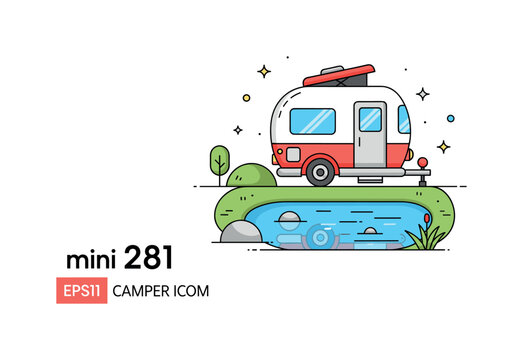 Mini camper by lake adorable tiny camper van parked beside a small lake with reflections in the water and subtle decorative sparkles enhancing the cozy scene.