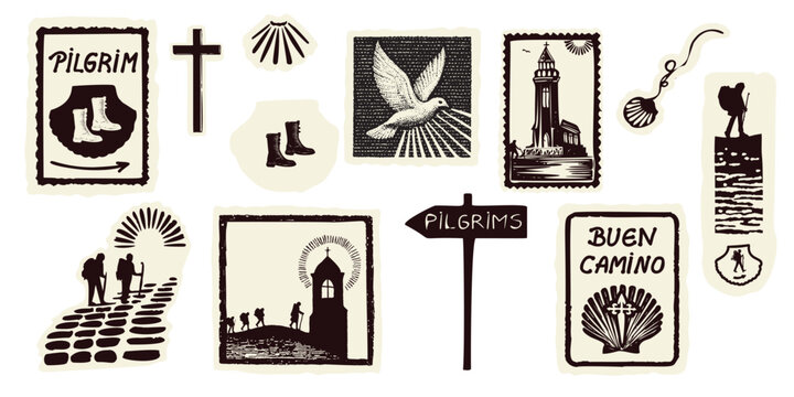 Simple pilgrims rest symbol set sign with boots, scallop shell, holy spirit, church, backpackers.Hand drawn black and white flat vector motif for european pilgrimage and spain albergue pitstop rest.