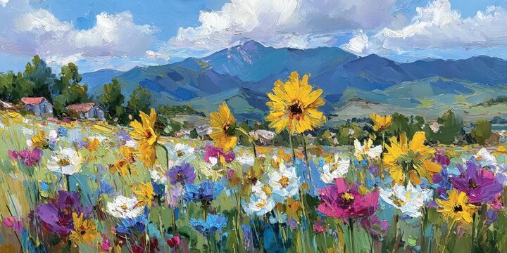 Colorful wildflower meadow painting with mountains in the distance under a bright blue sky with fluffy clouds