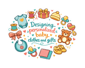 Fototapeta premium Personalized Baby Gifts. Designing personalized baby clothes and gifts. Hand drawn illustration of Designing