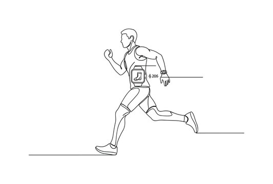 Fitness Run Monitoring Concept. Minimalistic one-line drawing runner in motion with smartwatch displaying step count icon, continuous single black line on