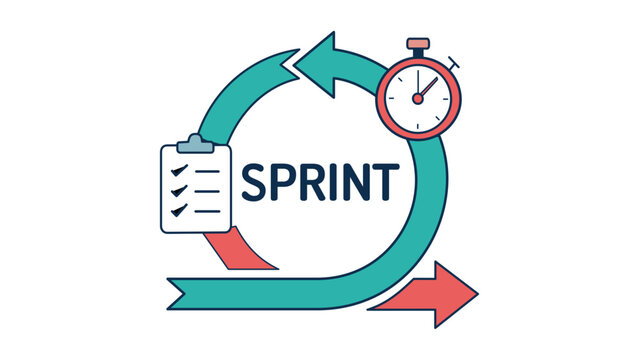 Agile sprint vector icon illustration for project mangement and software develoment workflows. Features acircular arrow loop, stopwtch timer, and checklist cipboard for scrum methodolgy.