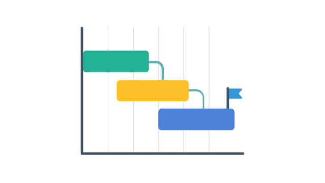 Project management timeline icon vector illustration eaturing a Gantt chart wit colorful gradient bars, cnnecting lines, and a miletone flag for business planing and workflow schedulig.