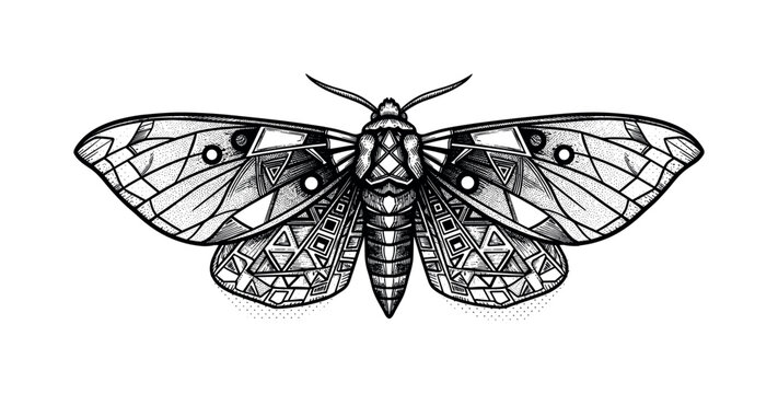 A front-facing moth with geometric wing markings rendered in engraved linework and halftone gradients, black and white illustration, newspaper-style dot