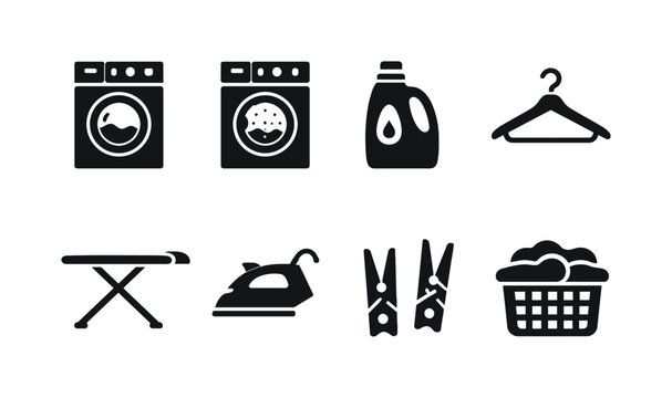 Laundry Care. Filled icon set of Laundry Care: washing machine, dryer, detergent bottle, clothes hanger,