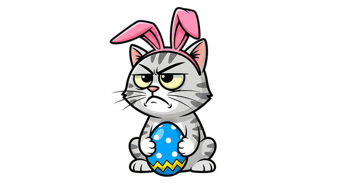 angry cat wearing pink bunny ears holding blue easter egg isolated on transparent background