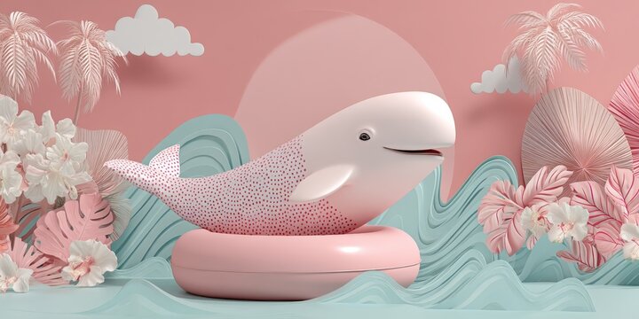 Cute pastel whale float in surreal tropical seascape with waves flowers and palm trees on soft pink background