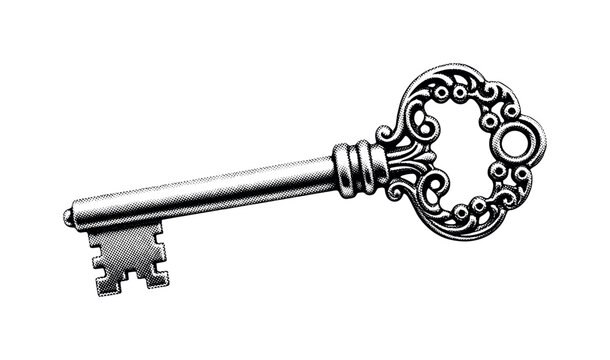 An antique Victorian skeleton key with a richly decorated bow featuring ornamental borders, isolated in minimal composition, black and white halftone