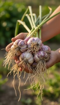 Hands carefully holding a bundle of freshly harvested organic garlic bulbs with green stems and visible roots, symbolizing sustainable agriculture and healthy eating
