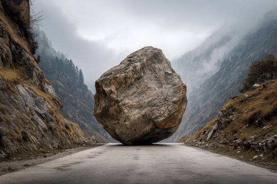 Massive precariously balanced boulder blocking a mountain road surrounded by steep rocky cliffs and foggy forested landscape on a gloomy day