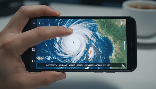 Hand holding smartphone showing weather app tracking a category 4 hurricane on a map with forecasted path, wind speeds, alerts and satellite data for emergency planning