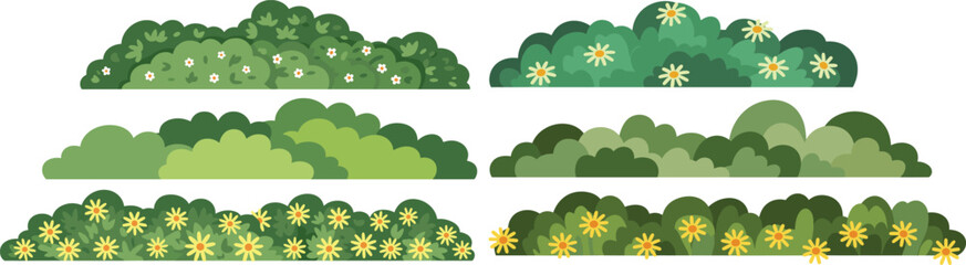 Set Of Six Cartoon Style Green Bush And Flower Illustrations On White Background © Maru